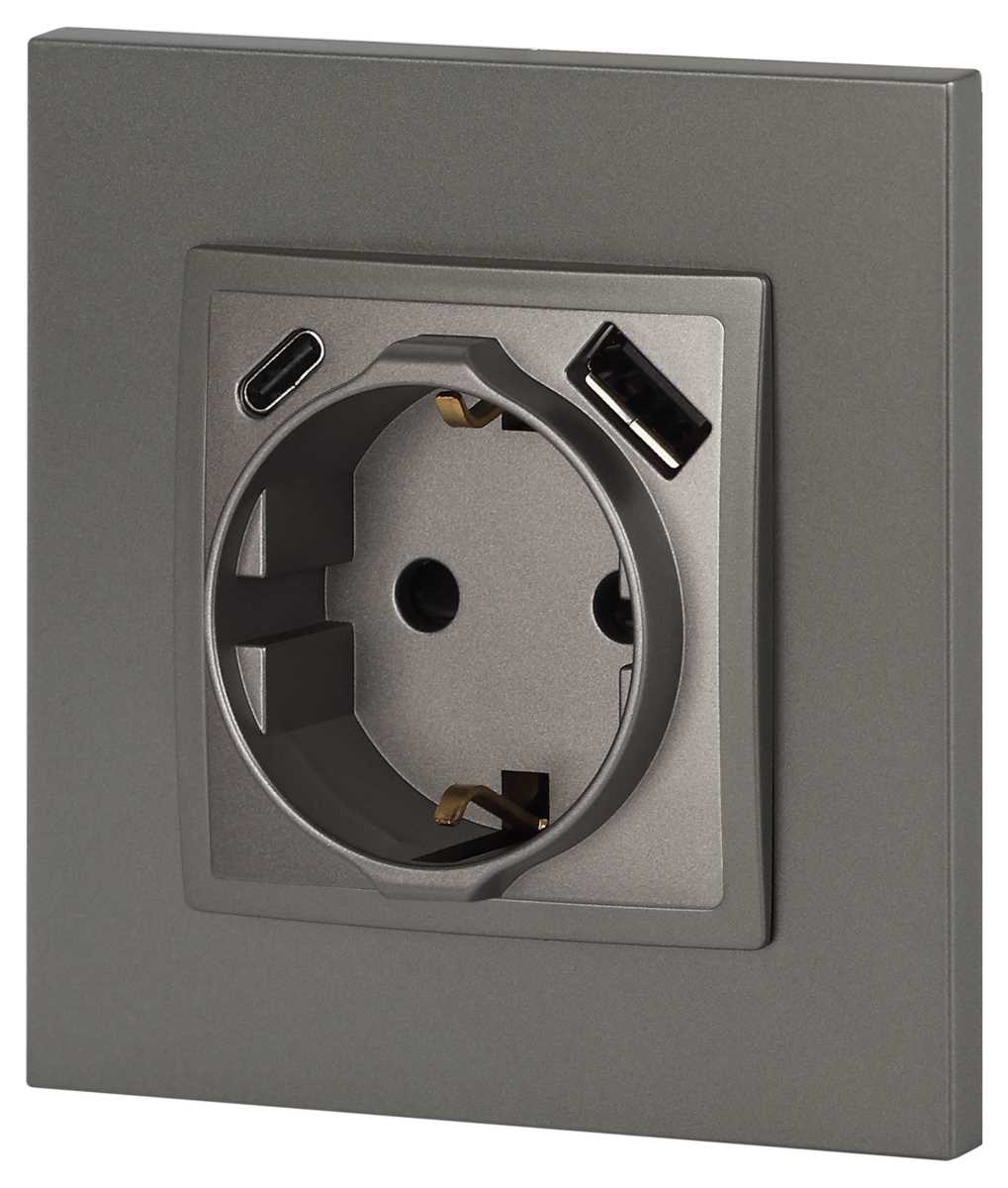 фото розетка эра elegance 14-4108-16 2p+e 16a-250в со шторками с usb type-a+c 5в-3а титан б0067695 | 220svet.ru