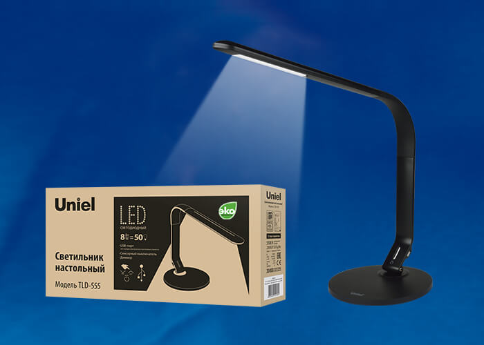 фото настольная лампа uniel tld-555 black/led/500lm/5500k/dimmer/usb ul-00003648 | 220svet.ru