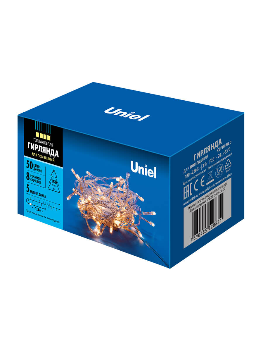 фото светодиодная гирлянда uniel 220v теплый белый uld-s0500-050/dta warm white ip20 ul-00005256 | 220svet.ru