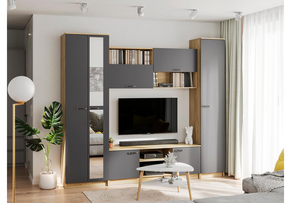 фото готовая гостиная woodville бертелена дуб крафт серый / серый графит 508418 | 220svet.ru